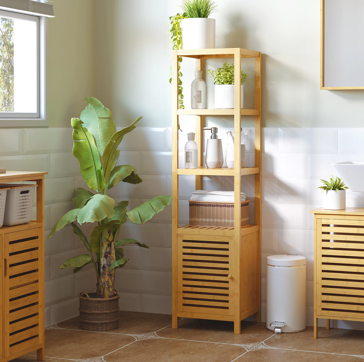 BADEZIMMERREGAL 36x33x140 cm Natur aus Bambus mit Lamellentür - Naturfarben, Naturmaterialen (36/140/33cm) - Modfu
