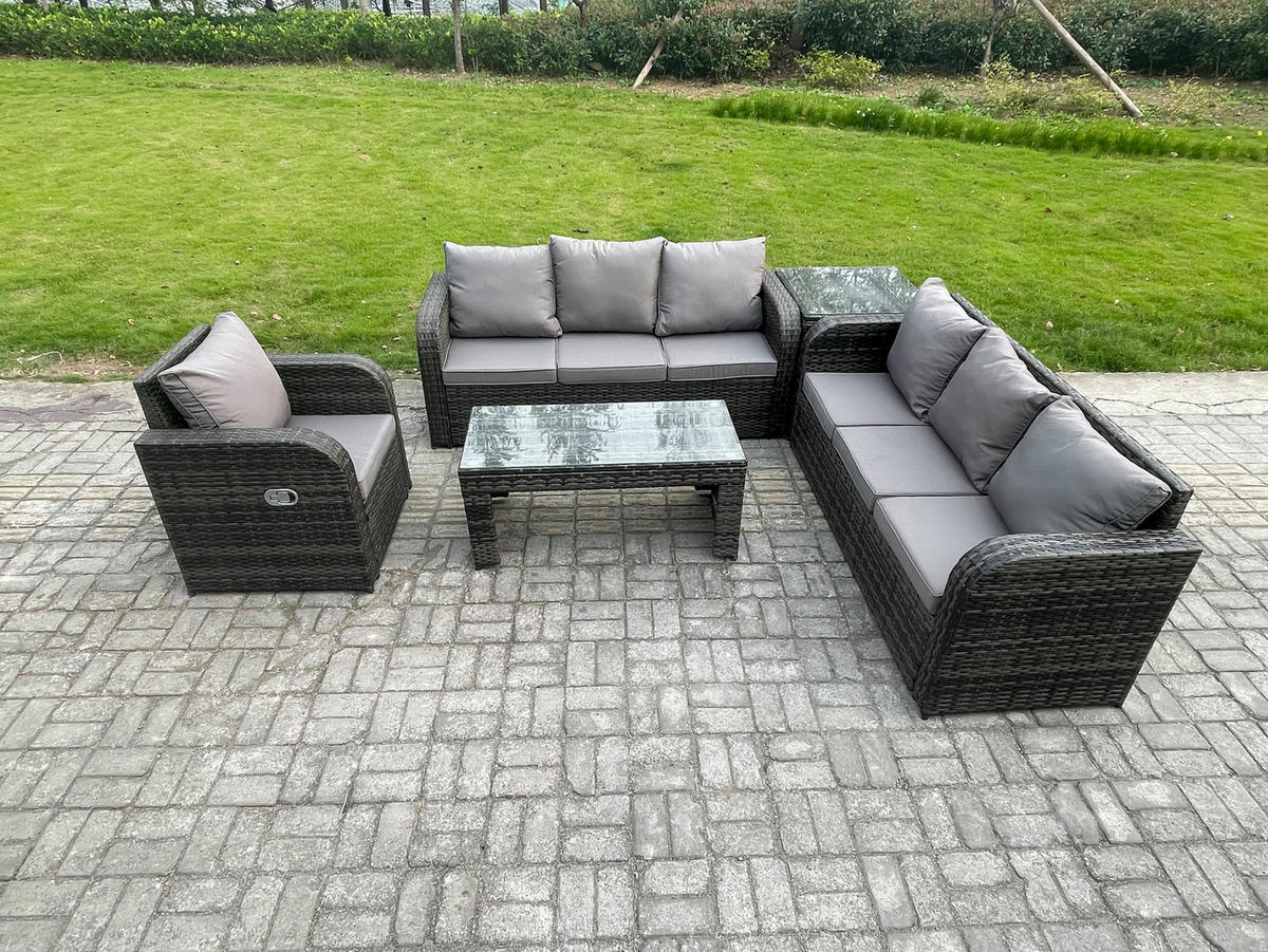 GARTENSOFA SET mit rechteckigem COUCHTISCH Polyrattan 7-Sitzer Dunkelgrau - Dunkelgrau/Grau, Glas/Kunststoff - Fimous