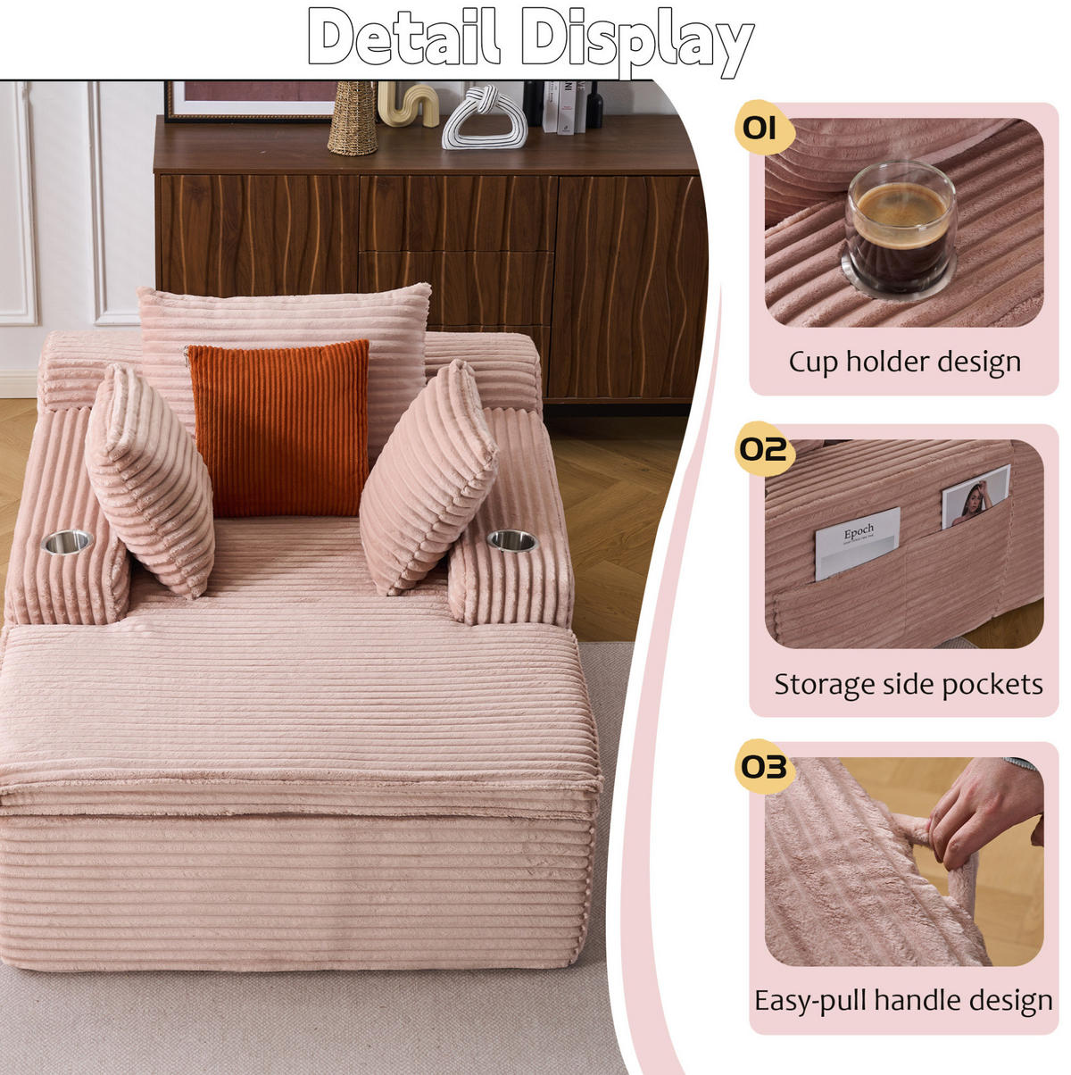 SOFA mit Chaiselongue Pink Cord - Pink, Kunststoff (112/63/165cm) - Meubliv