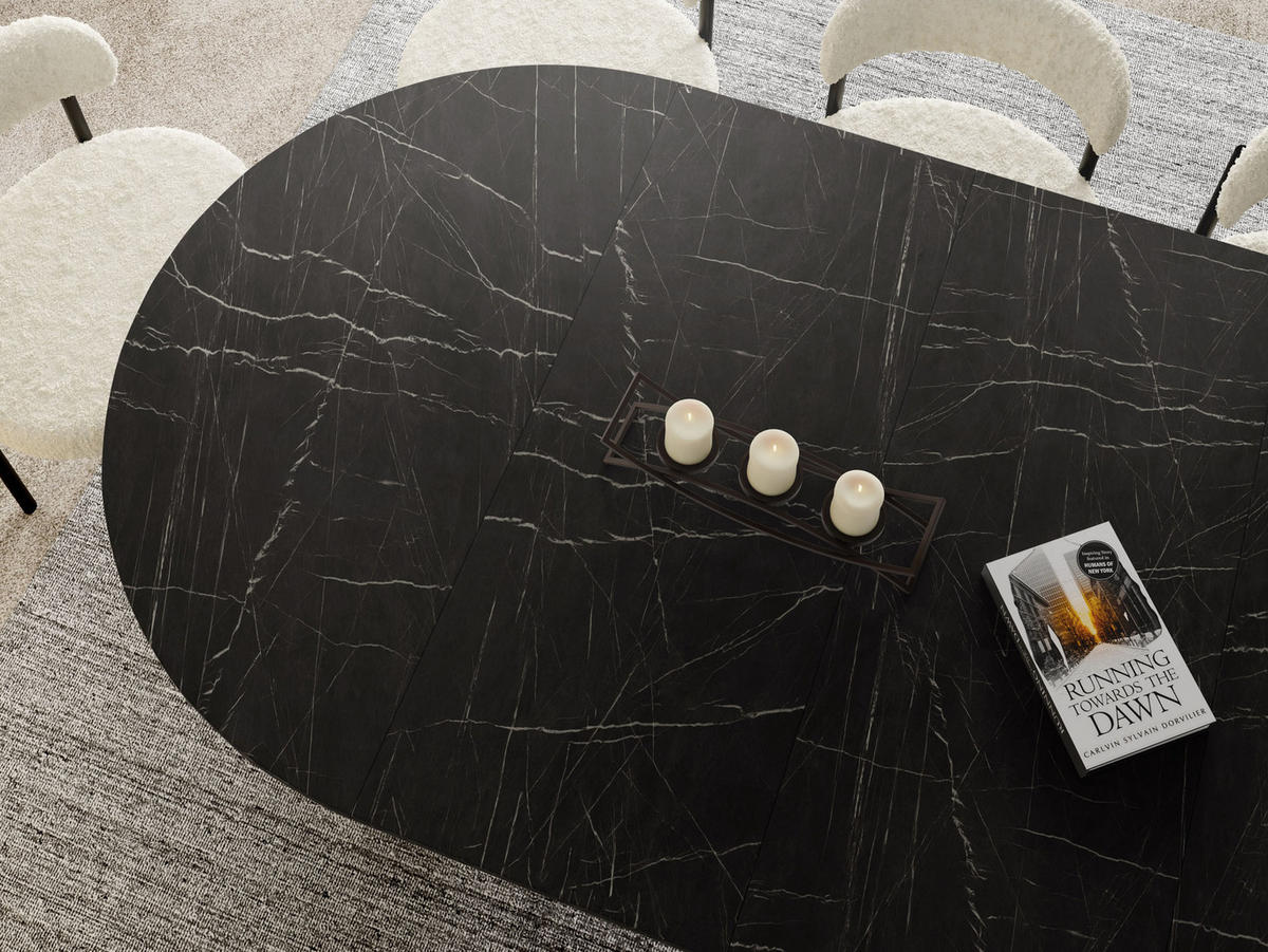 ESSTISCH Naro rund ausziehbar mit Weißem Lamellen-Metallgestell, Marmor Schwarz 120-200/120/76 cm - Anthrazit/Weiß, Holzwerkstoff/Metall (120/120/76cm) - WFL GROUP