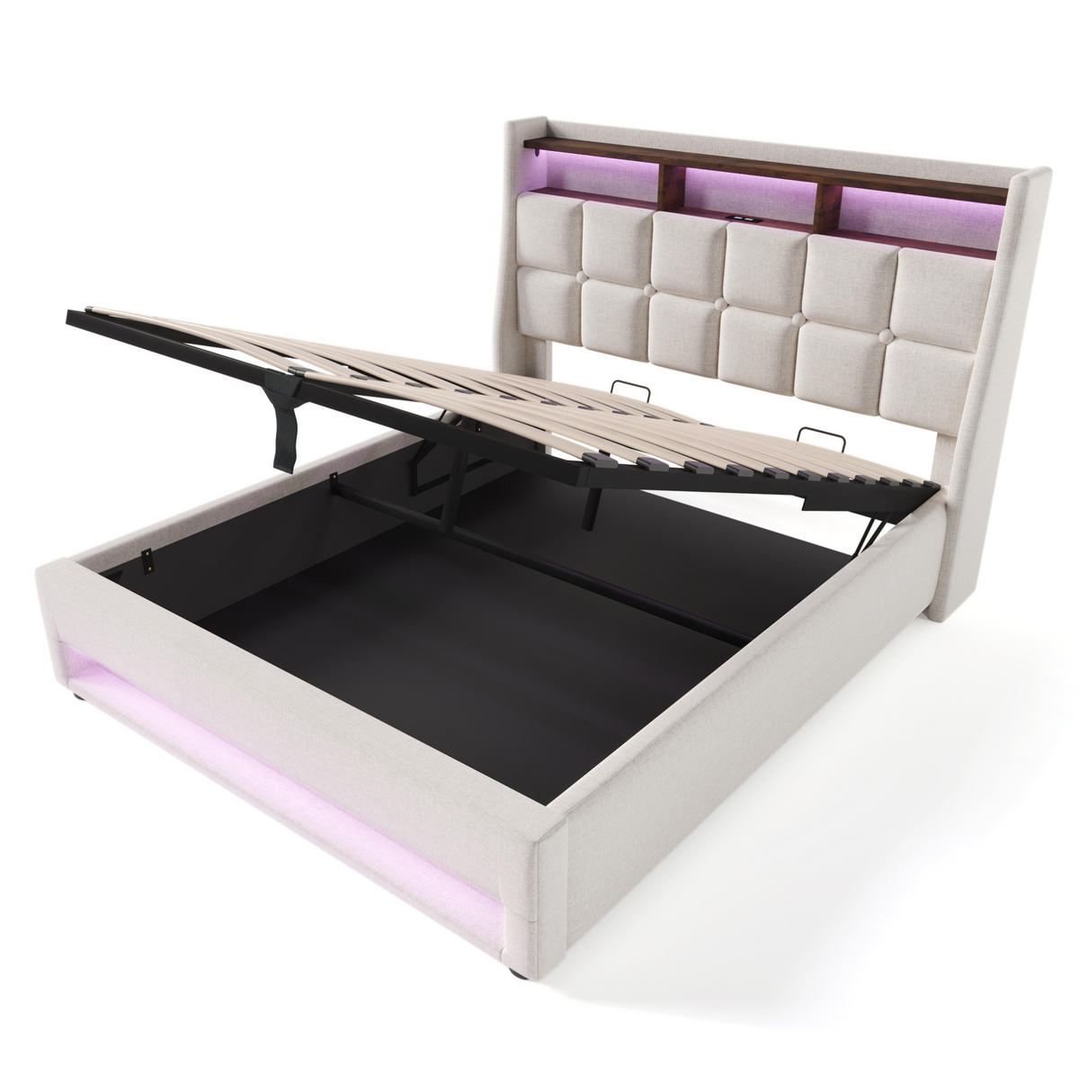 POLSTERBETT 140/200 cm Beige mit Stauraum, LED-Beleuchtung und USB-Anschlüssen - Beige, Textil (140/200cm) - Flora Grace