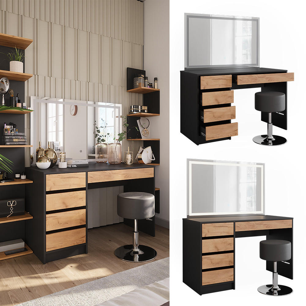 SCHMINKTISCH Sherry Anthrazit/Goldkraft Eiche 120 x 75 cm mit LED-Spiegel und Hocker - Honigeiche/Anthrazit, Holzwerkstoff (120/75/55cm) - Vicco