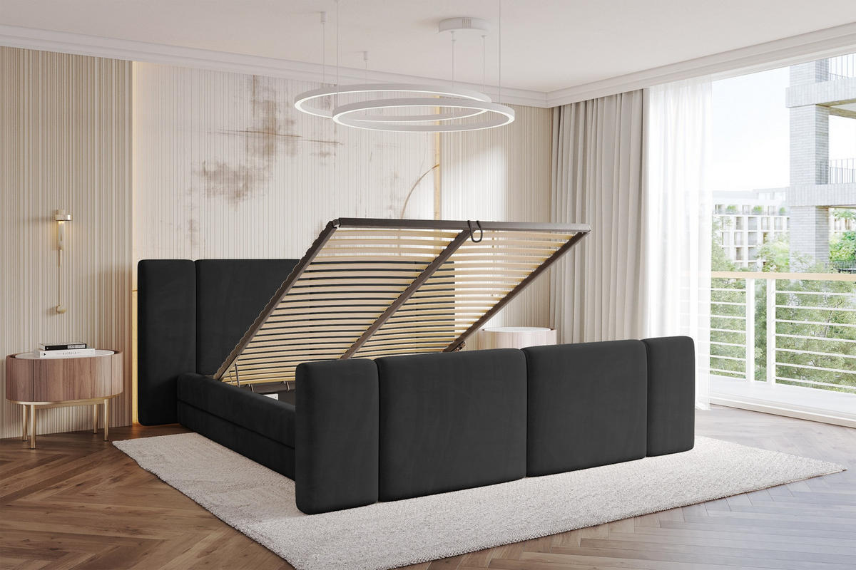 POLSTERBETT mit Bettkasten, Fußteil und Lattenrost, Bett mit Matratze H3/H4 - TEVO-Z 180x200 Schwarz - Schwarz, Holzwerkstoff/Textil (180/200cm) - ALTDECOR