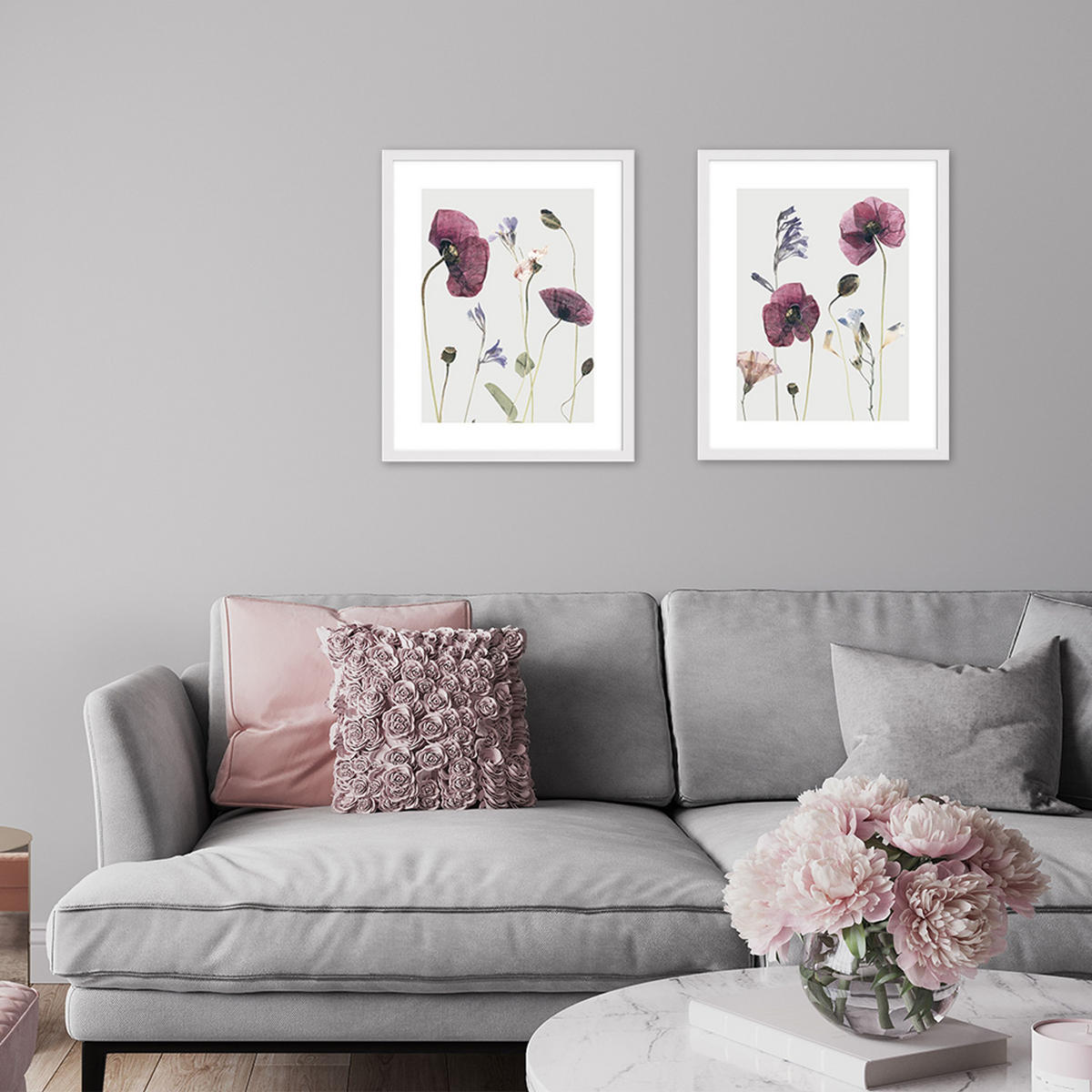 POSTER mit Rahmen 40x50 cm Mohn-Blumen rosé natur - Beige, Holz (41/51cm) - artissimo