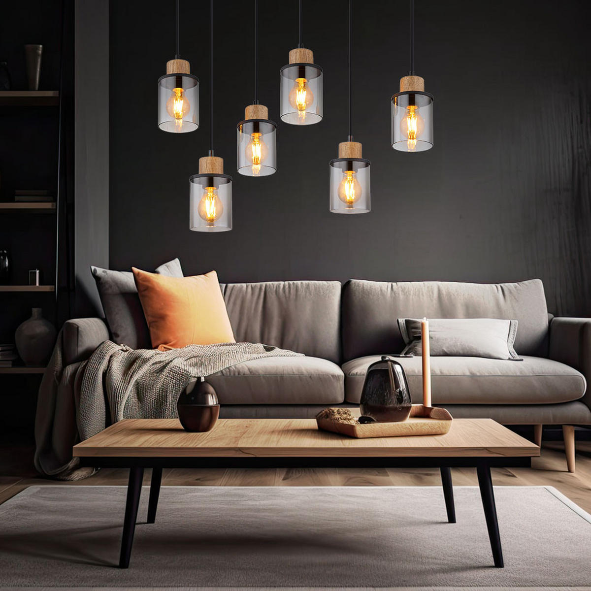 PENDELLEUCHTE Rauchglas Grau Höhenverstellbar - Grau, Holz (62/18/120cm) - Globo Lighting