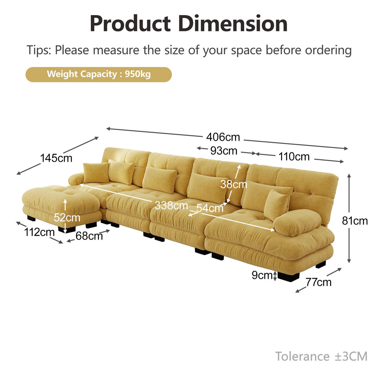 ECKSOFA 406/145/81 cm gelb aus Chenille mit modularem Ottoman - Gelb, Textil (145/406cm) - OKWISH