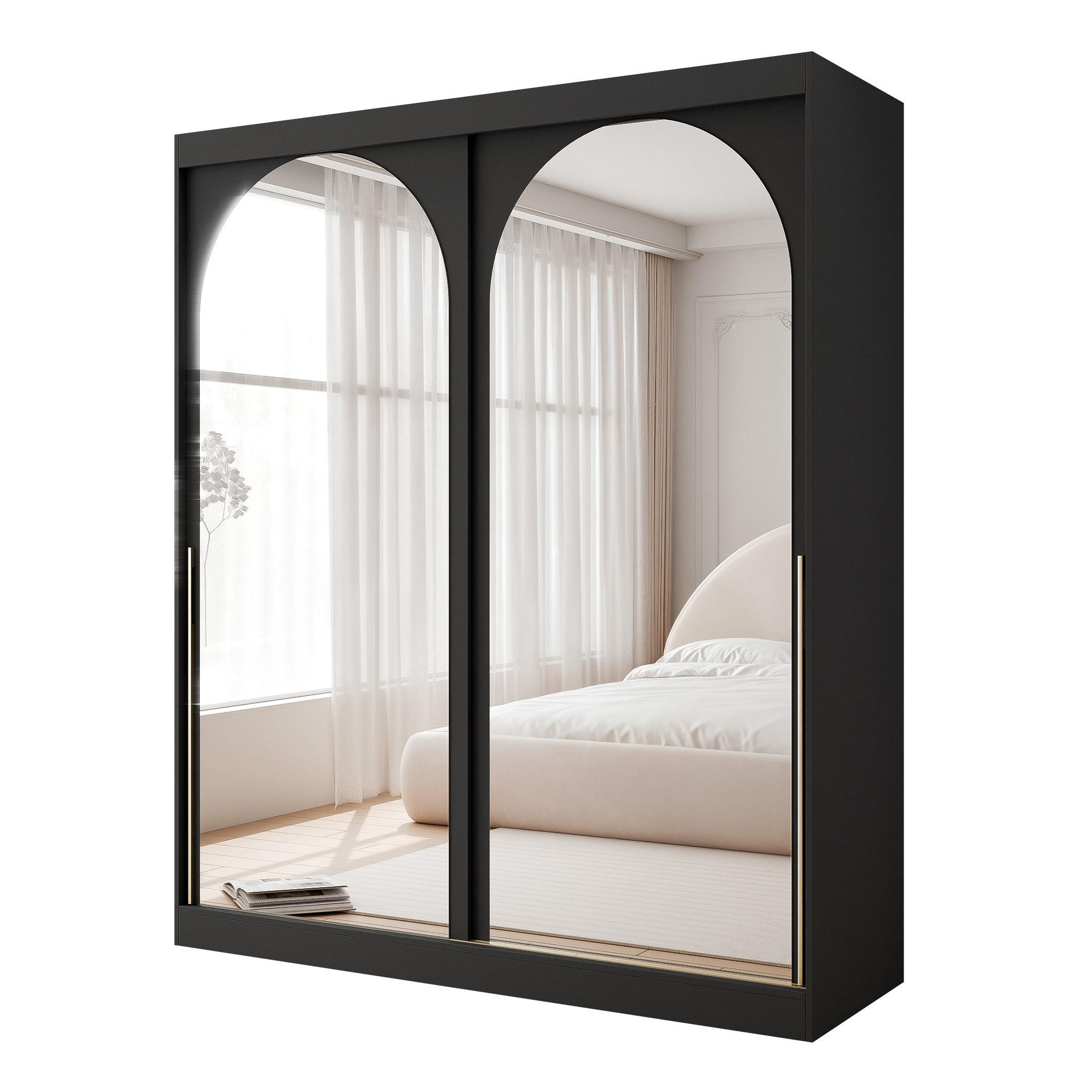 SCHWEBETÜRENSCHRANK CLARITY 2-türig 200/65/215 cm Schwarz / goldene Griffe - Goldfarben/Schwarz, Holzwerkstoff/Kunststoff (200/215/65cm) - Idohome