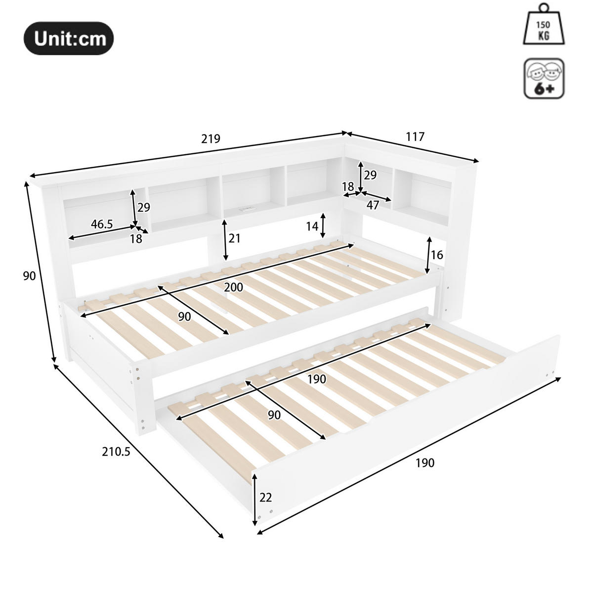 POLSTERBETT 90/200 cm mit Ausziehbett, Steckdose und 2 USB-Anschlüssen, Weiß - Weiß, Holz (90/200cm) - Redom