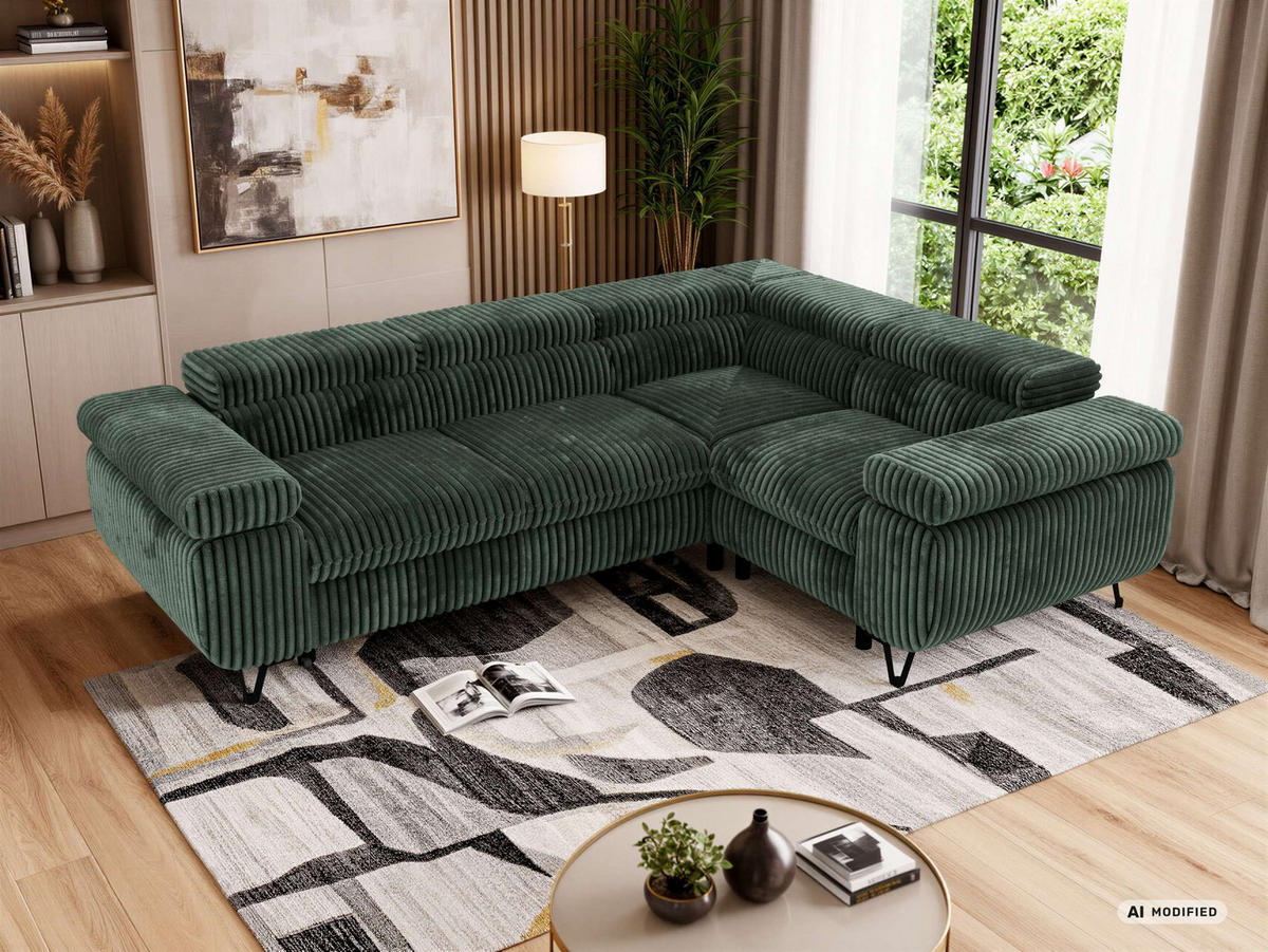 ECKSOFA FALCO L - Dunkelgrün Cord - Rechts Seite - Dunkelgrün/Schwarz, Textil/Metall (268/197cm) - MKS