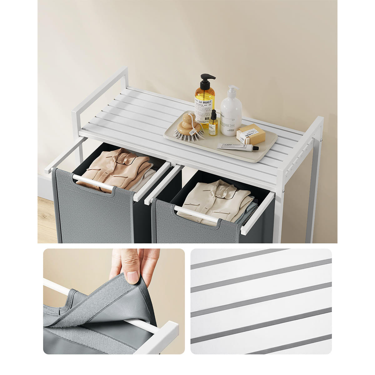 WÄSCHEKORB 2 Fächer Weiß und Grau – H71 cm - Grau, Holzwerkstoff (33/71/8.8cm) - Calicosy
