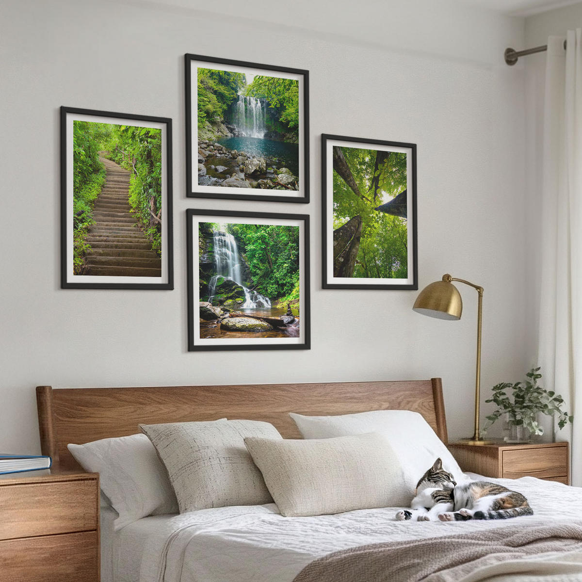 WANDBILDER 4er-Set - 50x50 cm & 40x60 cm Schwarzer Rahmen - Pfad Wald Wasserfall Vegetation - Schwarz, Kunststoff (50/50cm) - ArtPrintCave