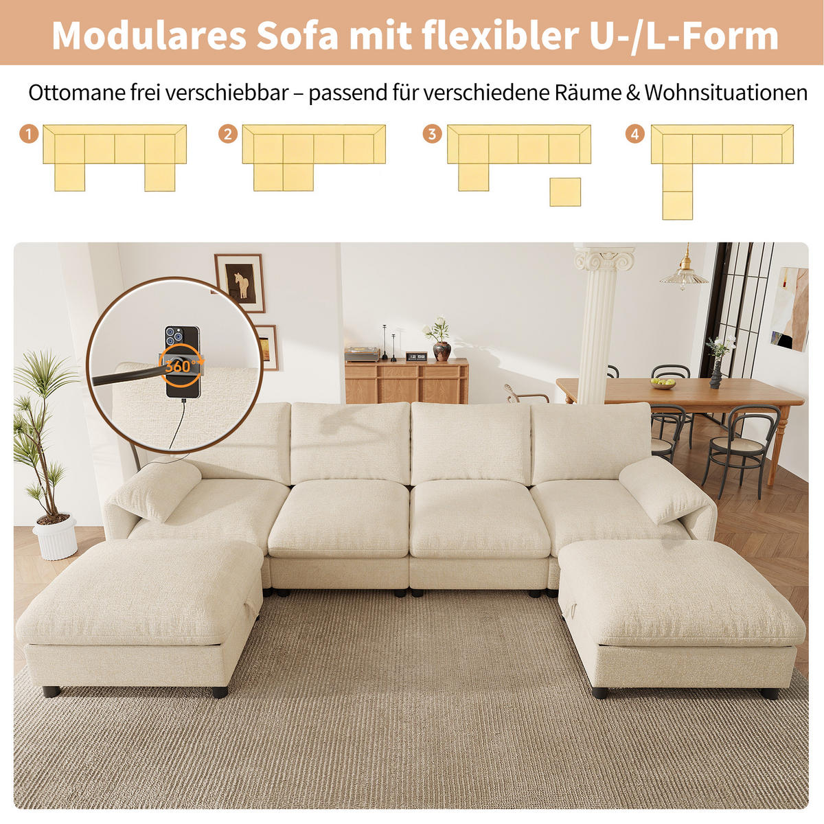 SCHLAFSOFA mit 6 Sitzen, Stauraum-Hockern, USB/Type-C und Handyhalter,Beige - Beige, Textil (273.5/81/133cm) - EVRYAE