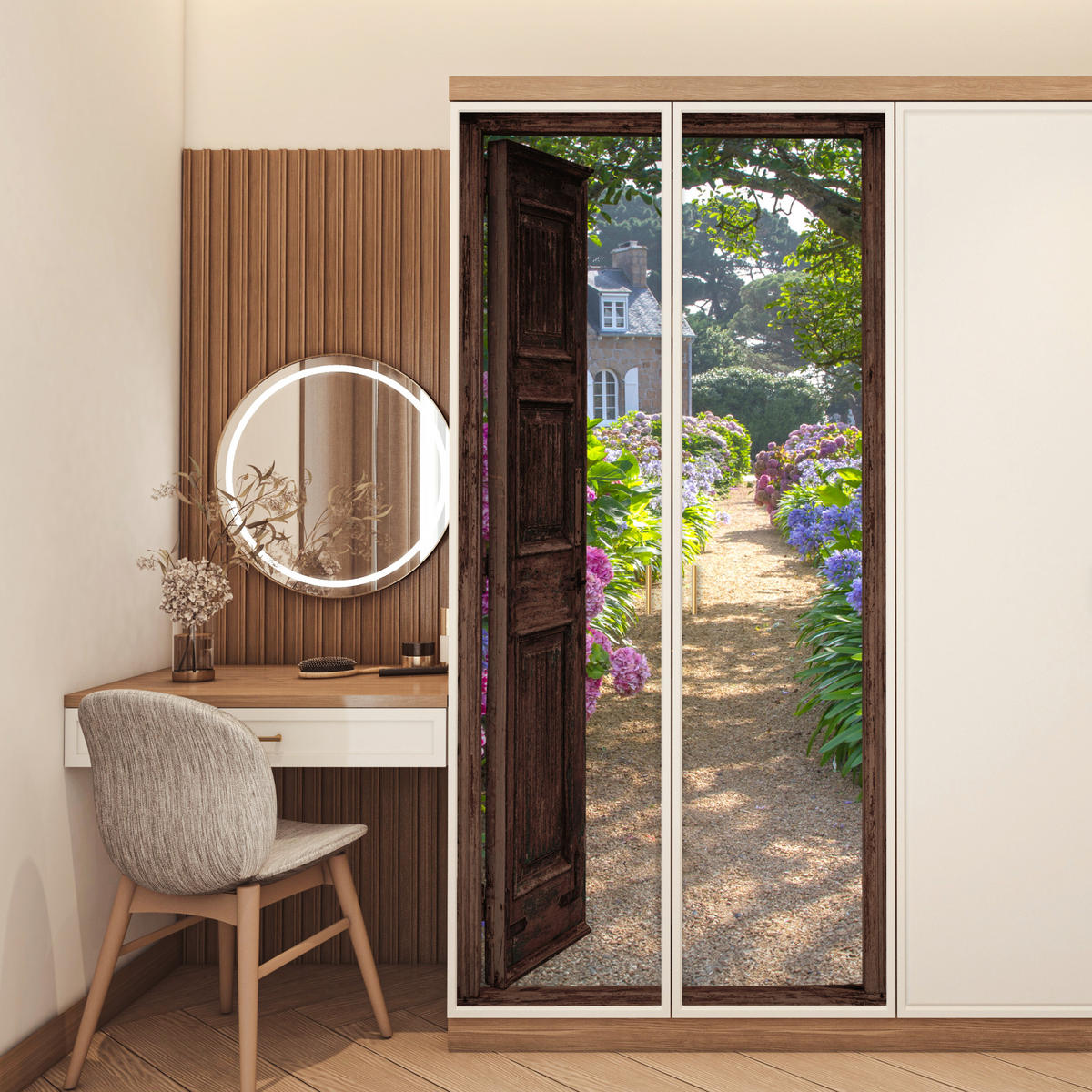 TÜRAUFKLEBER Selbstklebend - Fensterblick - Hortensie - Tür - Blumen - Natur 95x215 cm - Türtapete - Beige, Kunststoff (95/0.1cm) - MuchoWow