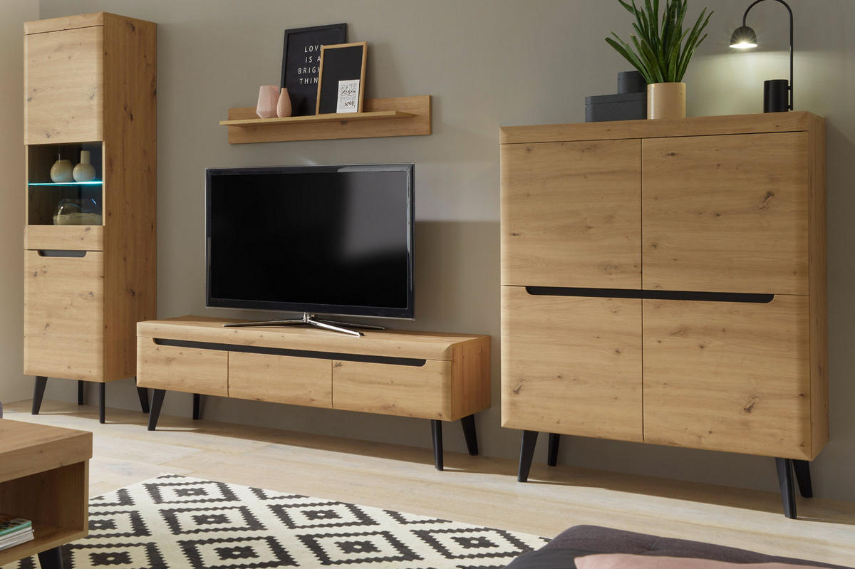 WOHNWAND Artisan Eiche schwarz, Wohnkombination 4-teilig skandinavisch, 360 x 197 cm - Eiche Artisan, Holzwerkstoff (360/197/40cm) - Furn.Design