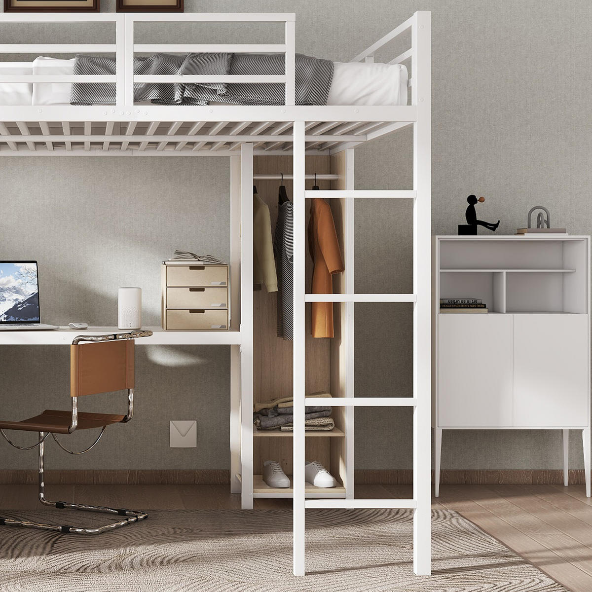 HOCHBETT 140/200 cm in Weiß & Natur mit Kleiderschrank, Stauraum und Schreibtisch Metall & Holz - Weiß, Holzwerkstoff/Metall (140/200cm) - STILVORA