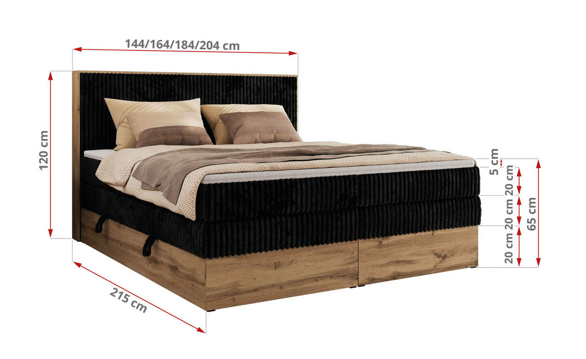 BOXBETT WOOD CLASSIC KING 200/200 - Schwarz Cord - H3 - Schwarz, Textil (200/200cm) - MKS