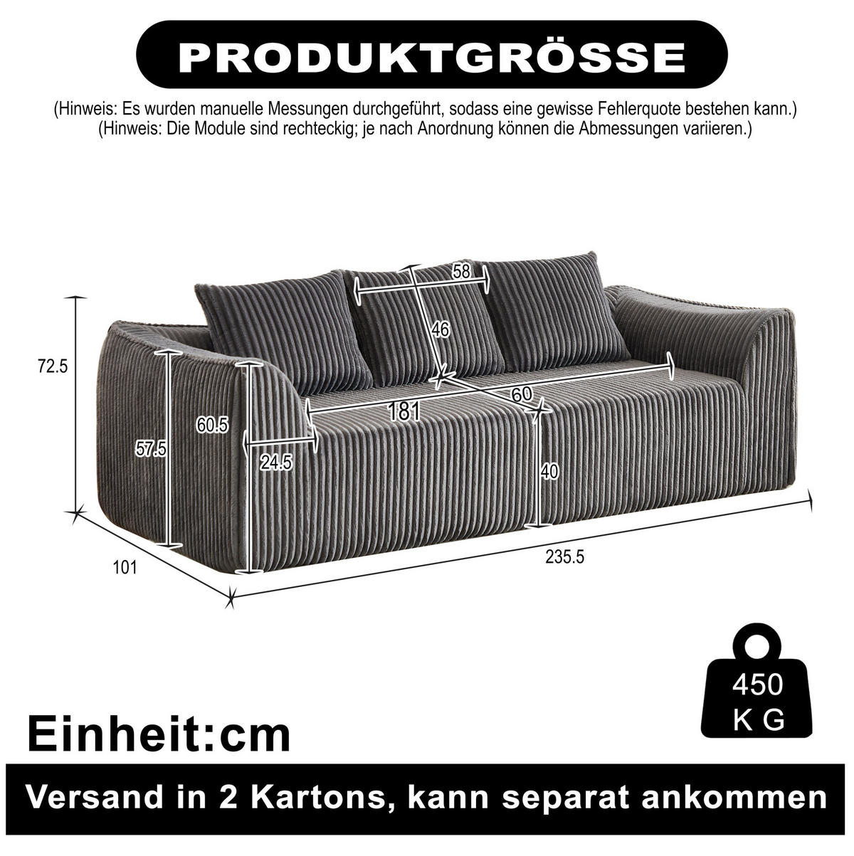 SOFA modular Cord Grey 2-tlg. - Grau, Kunststoff (101/72.5/235.5cm) - Meubliv