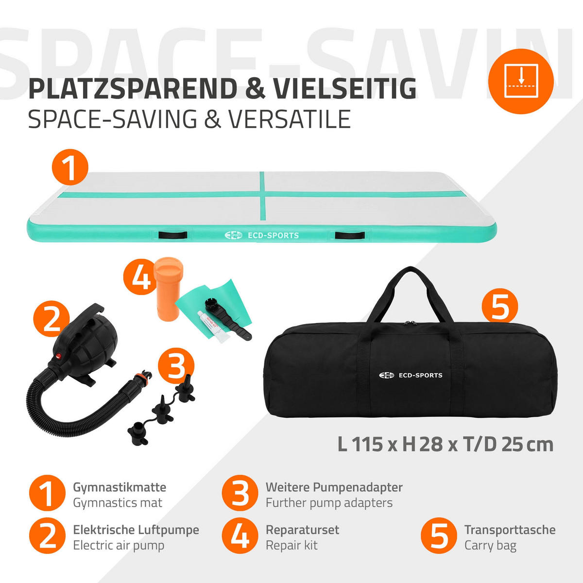 NAFUKOVACÍ gymnastická podložka Airtrack 300x100x10 cm mintově zelená - zelená barva, plast (100/300cm) - ECD-Germany