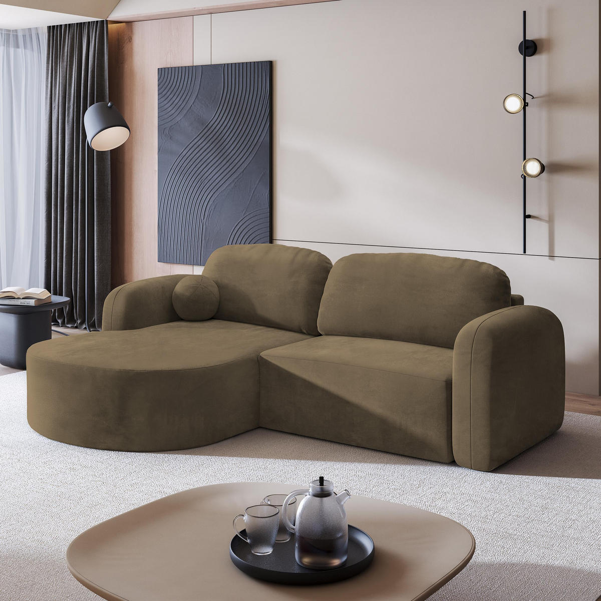 ECKSOFA AMILIA M L-S Beige Velours-Stoff mit Schlaffunktion - Beige, Holz (263/174cm) - MASSENO