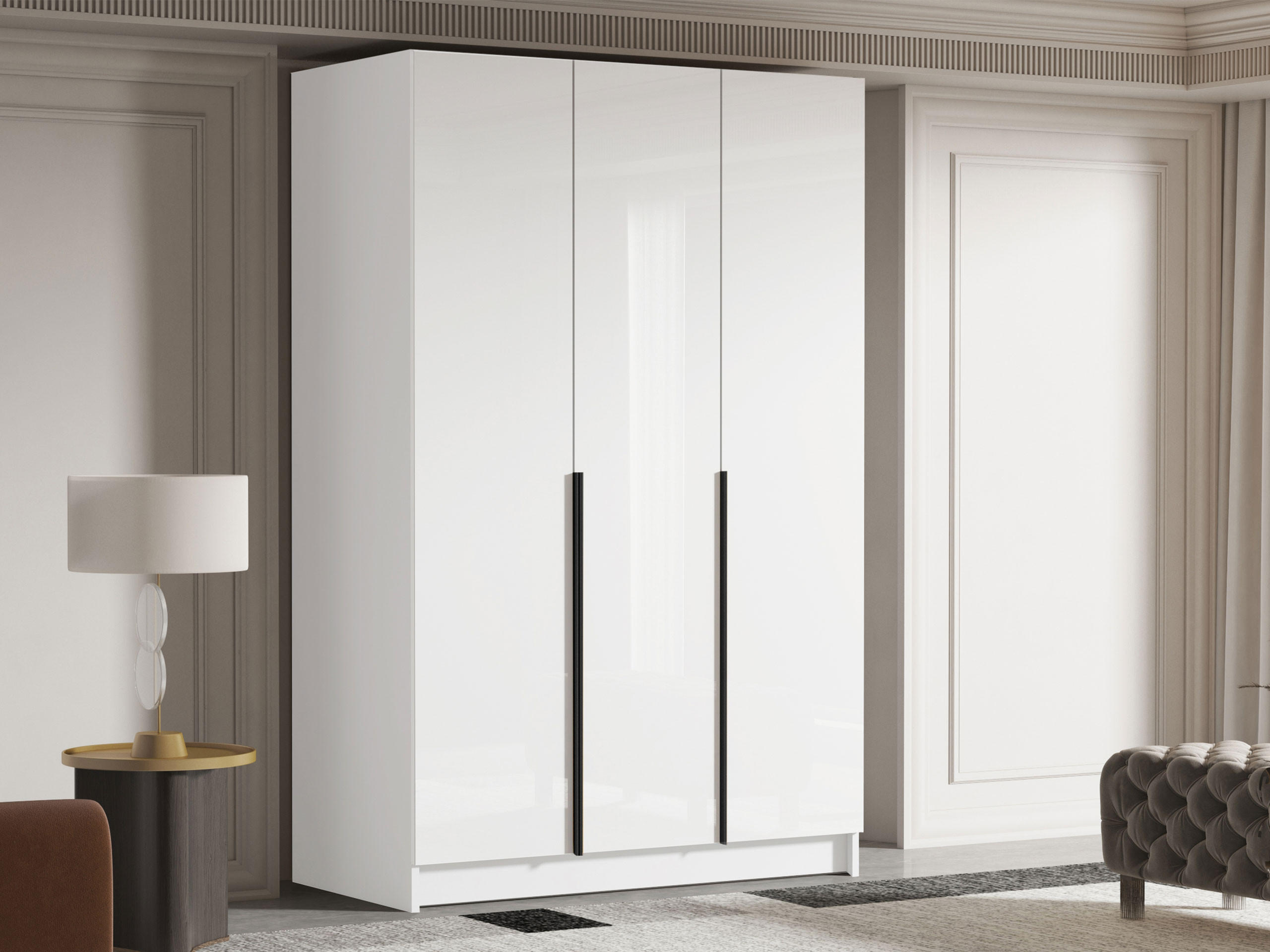 KLEIDERSCHRANK Calia I - Weiß Hochglanz/Schwarz, Holzwerkstoff/Metall (150/215/58cm) - MIRJAN24