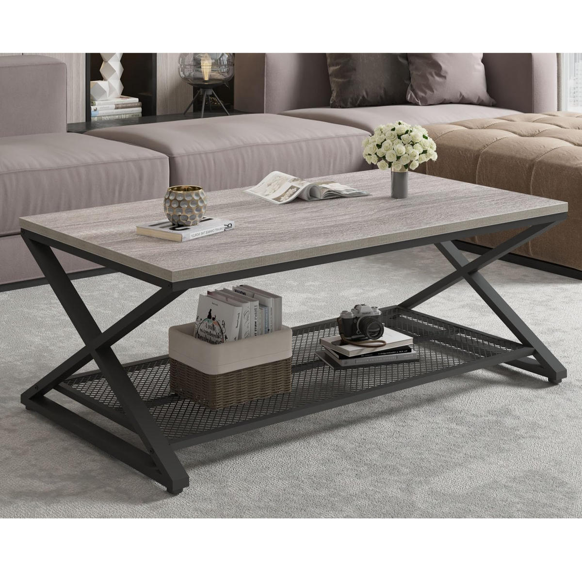 COUCHTISCH Holz Metall Industrial mit Ablage 120 x 60 x 45 cm - Hellgrau, Holzwerkstoff/Metall (60/120/45cm) - Quality Elegance