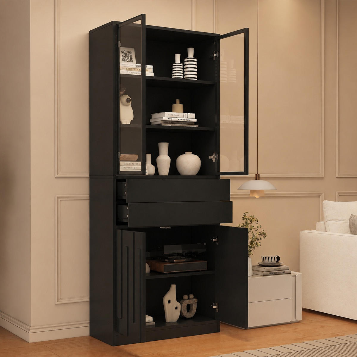 VITRINE 70x34x180 cm Schwarz mit LED und 2 Schubladen - Schwarz, Holzwerkstoff (70/180/34cm) - FLIEKS
