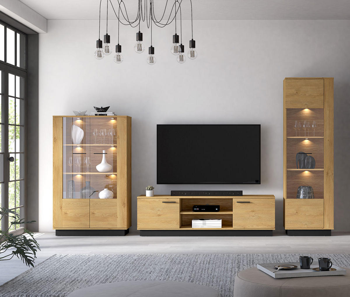 WOHNZIMMER-SET Modesto Eiche Style hell / schwarz 3-teilig - Hellbraun/Eichefarben, Holz/Holzwerkstoff (322/196/40cm) - Feldmann-Wohnen