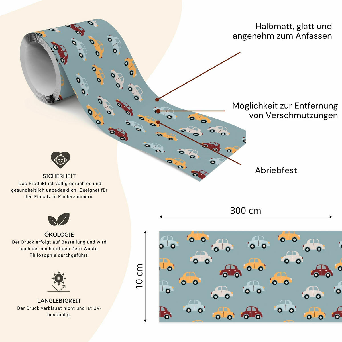 TAPETENBORDÜRE selbstklebend für Kinderzimmer bunte AUTOS Fahrzeuge - Beige/Rot, Papier (10/300/300cm) - Muralo