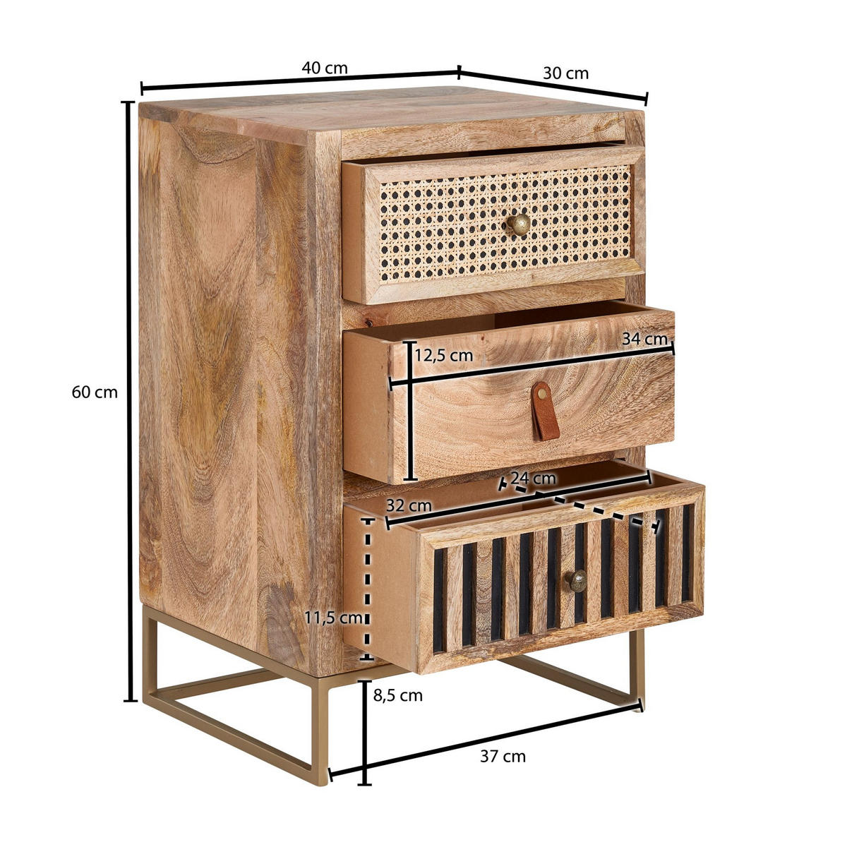 NACHTTISCH – Mango Massivholz/Rattan, 3 Schubladen, für Boxspringbett - Goldfarben/Braun, Holz/Metall (40/60/30cm) - KADIMA DESIGN