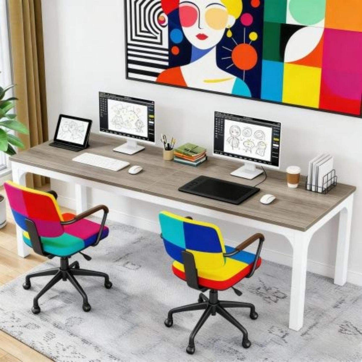 SCHREIBTISCH für 2 Personen 200 x 70 cm Metall Holz Taupe Weiß - Weiß, Metall (200/70/75cm) - Meubliv