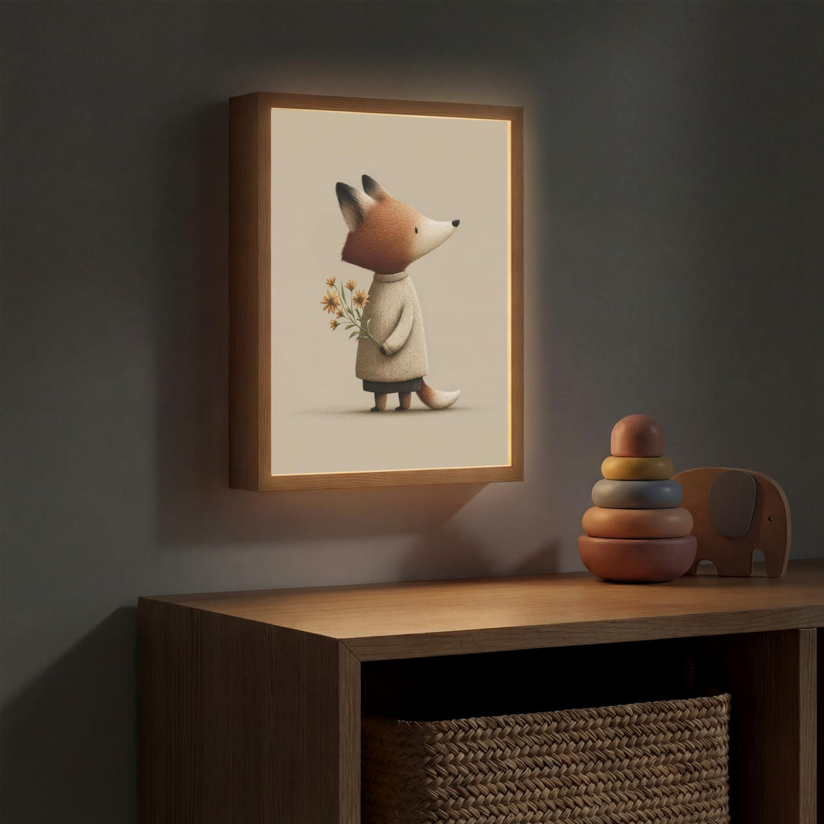 DOBÍJECÍ NOČNÍ LAMPIČKA Liška - Žluté květy - Minimalistický 30x40 cm - šedohnědá, kompozitní dřevo (8/30/40cm) - OnlyWow