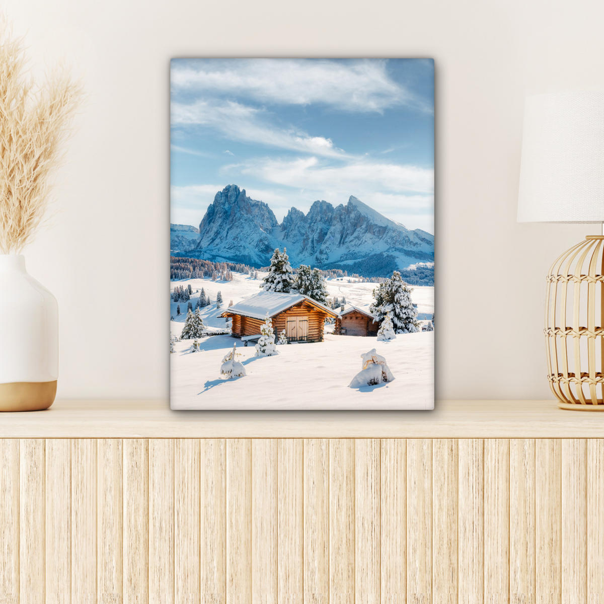 LEINWANDBILD Winter - Hütte - Berge - Aussicht - Schnee Room Decor 30x40 cm - Eichefarben, Textil (30/40cm) - MuchoWow