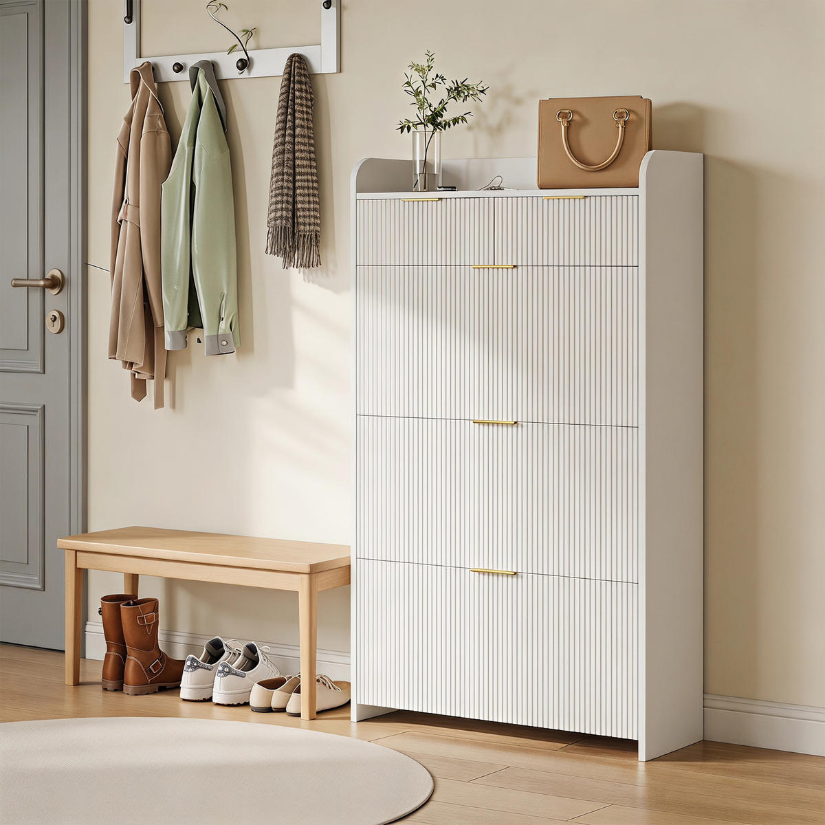 SCHUHSCHRANK mit 3 Fächern und 2 Schubladen, Eingangsmöbel, Weiß - Weiß, Holz (24/133/77cm) - GENKI LIVING