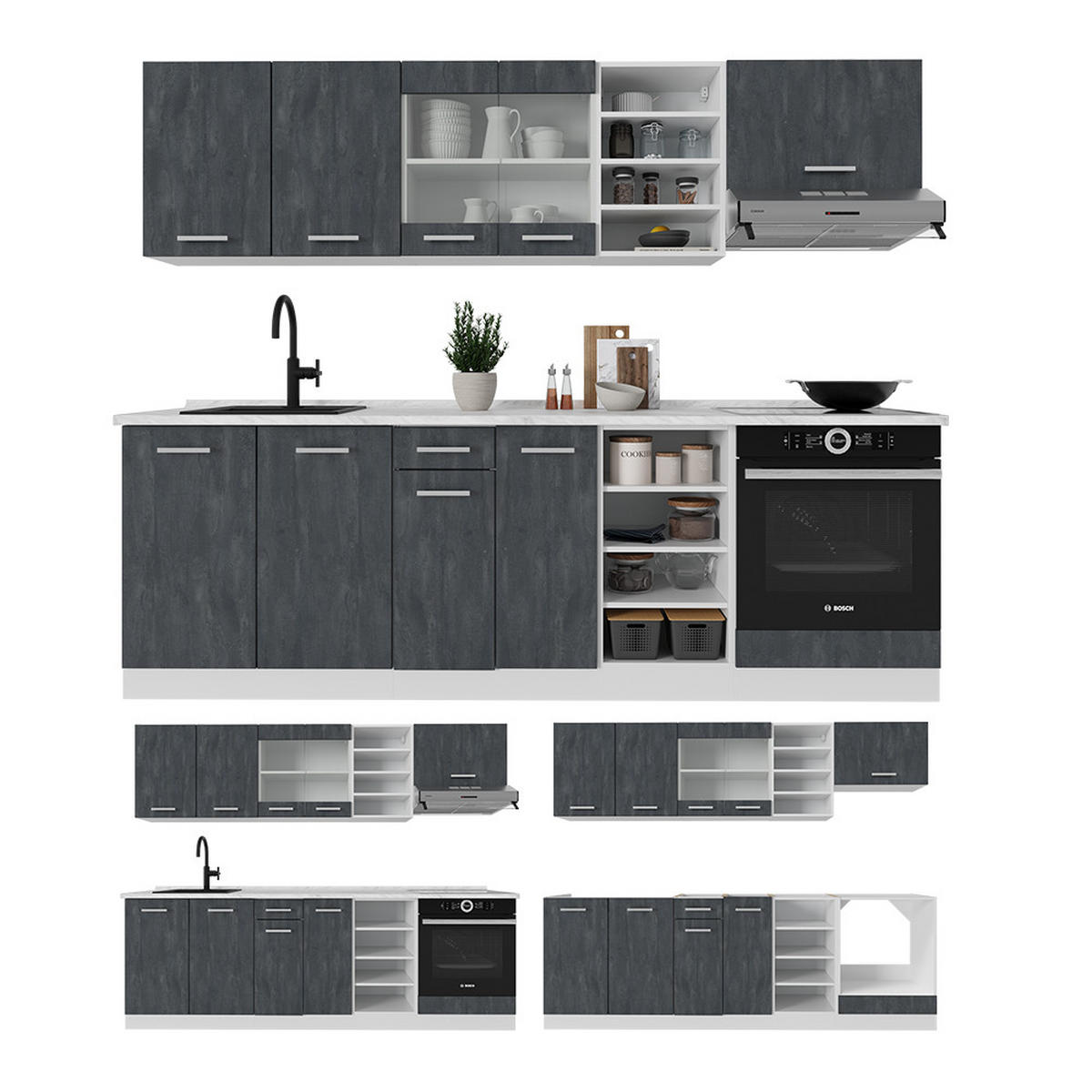 KÜCHENZEILE R-Line Schwarz Beton/Weiß 240 cm AP Marmor - Schwarz/Weiß, Holzwerkstoff (240/81.6/60cm) - Vicco