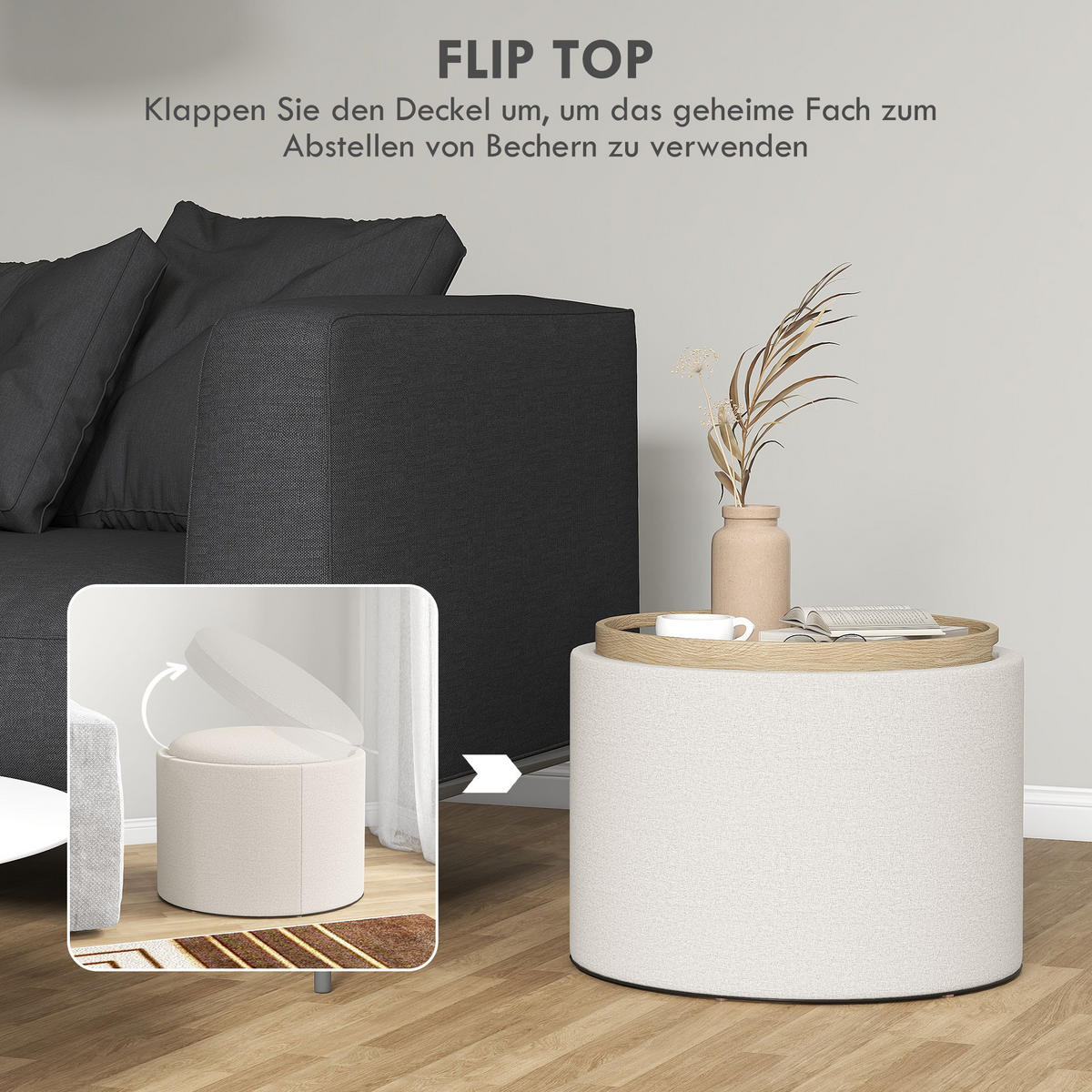 OTTOMANE Runder Sitzhocker Polsterhocker mit Stauraum, Klappdeckel, Creme - Creme, Textil (56/42/56cm) - HOMCOM