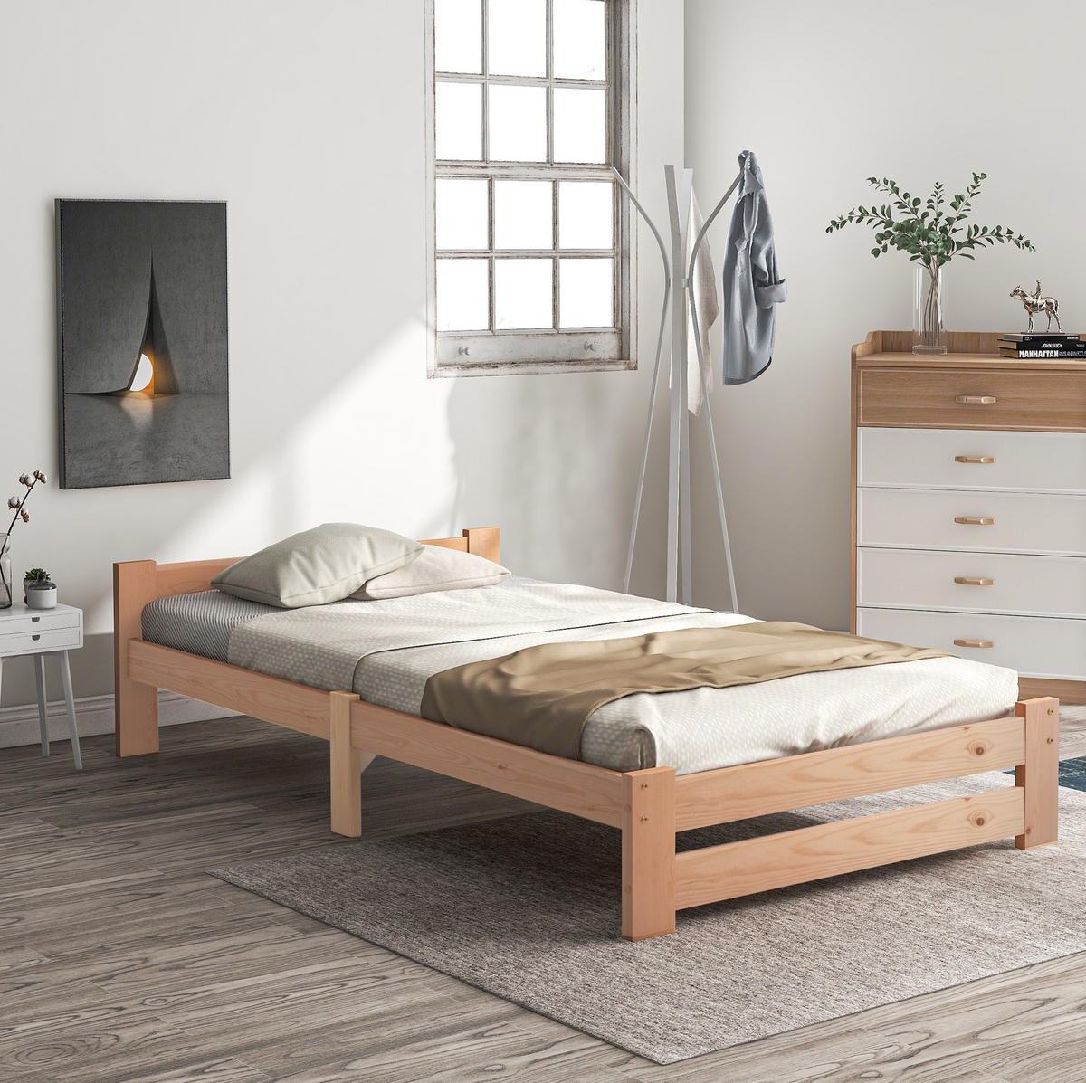 HOLZBETT 90/200 cm aus Kiefer massiv in Natur – mit Kopfteil und inkl. Lattenrost - Naturfarben, Holz (90/200cm) - BEAOK