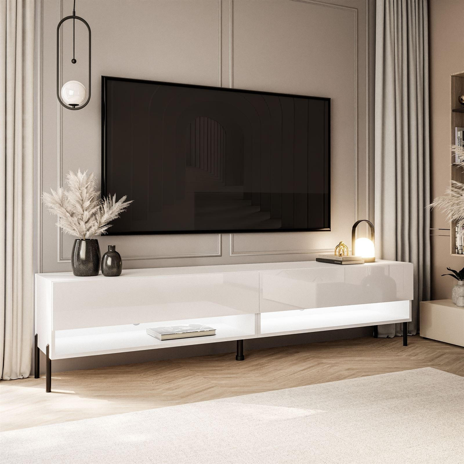 LOWBOARD RTV Schrank CALANTE 180 cm auf geraden schwarzen Beinen - Weiß Hochglanz/Schwarz, Holzwerkstoff/Metall (180/44/35cm) - Lookway