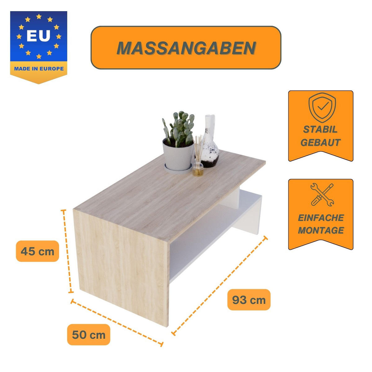 COUCHTISCH Holzwerkstoff rechteckig stabil Sonoma Eiche 50/45/93cm - Weiß/Sonoma Eiche, Holzwerkstoff (50/93/45cm) - CraftPAK