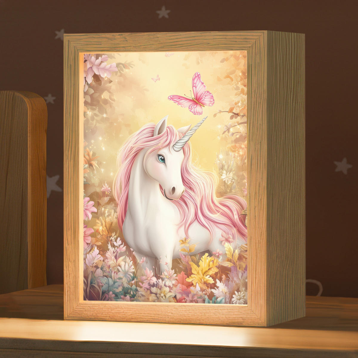 NACHTTISCHLAMPE Einhorn - Blumen - Schmetterling - Rosa 15x20 cm - Beige, Holzwerkstoff (8/15/20cm)