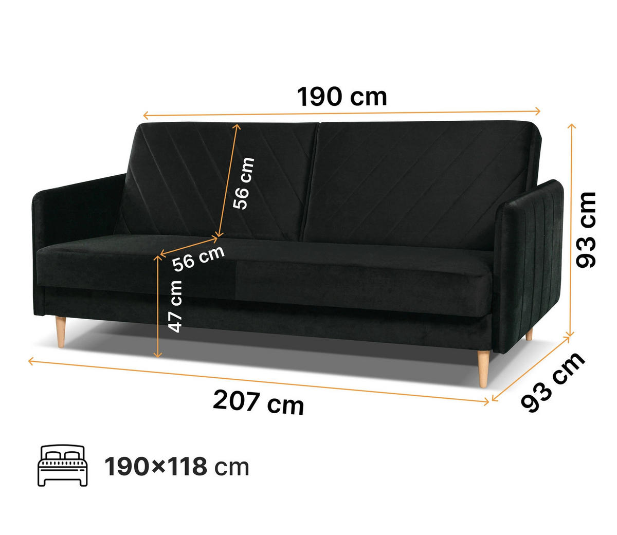 SCHLAFSOFA Vesto Schwarz Velours - Bettkasten - 207x93 cm - Schwarz, Holz/Holzwerkstoff (207/93/93cm) - Ravio