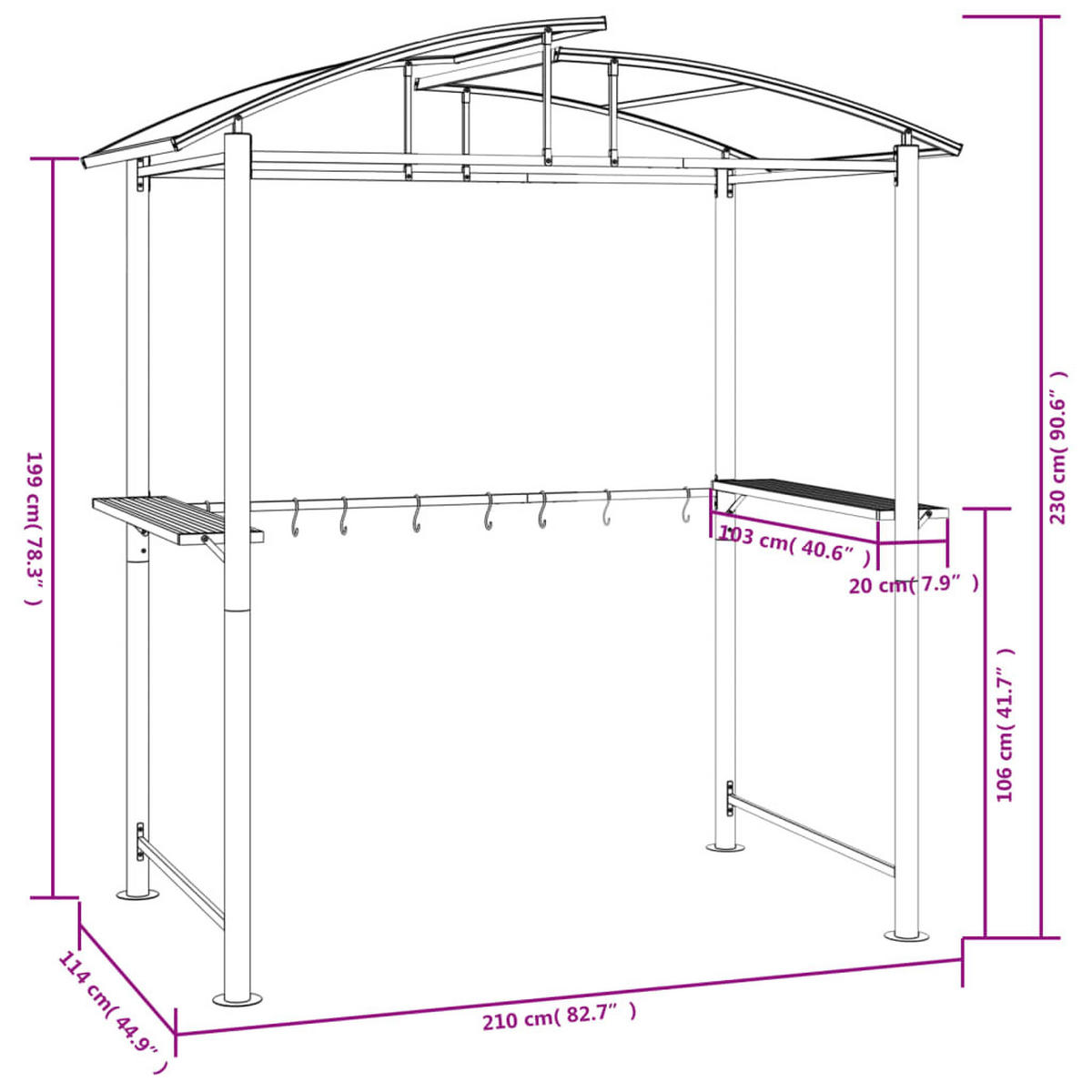 GRILLPAVILLON mit Seitenregalen, 20/115/230 cm, aus Stahl, Anthrazit - Anthrazit, Metall (210/230/114cm) - vidaXL