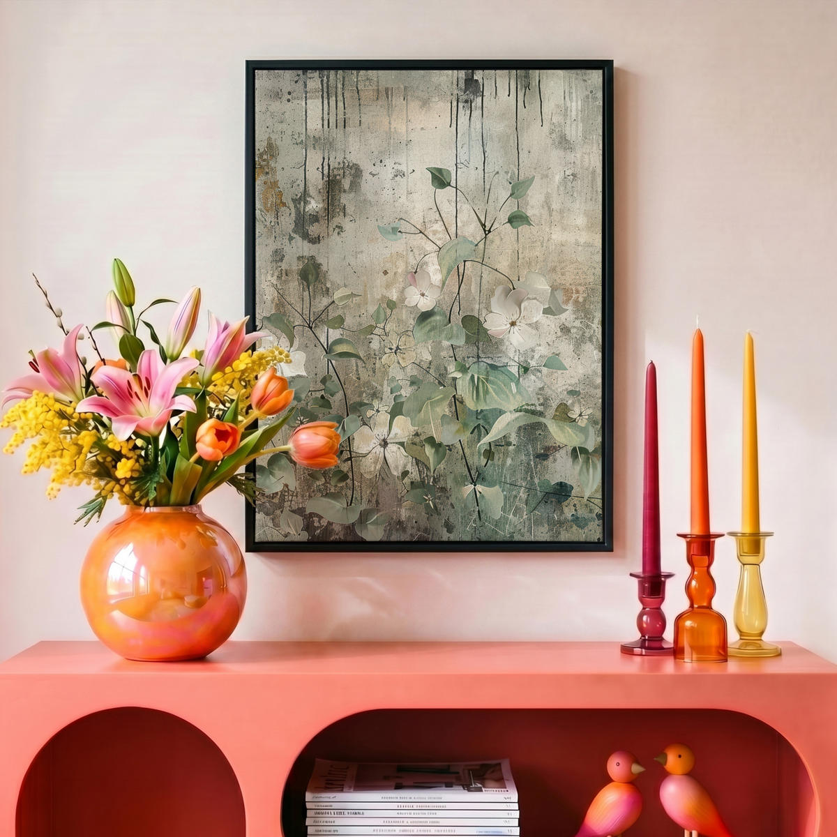 LEINWAND Bilder mit Rahmen - Blumen - Blätter - Abstrakt - Modern - 30x40 - Grau, Textil (30/40cm) - MuchoWow
