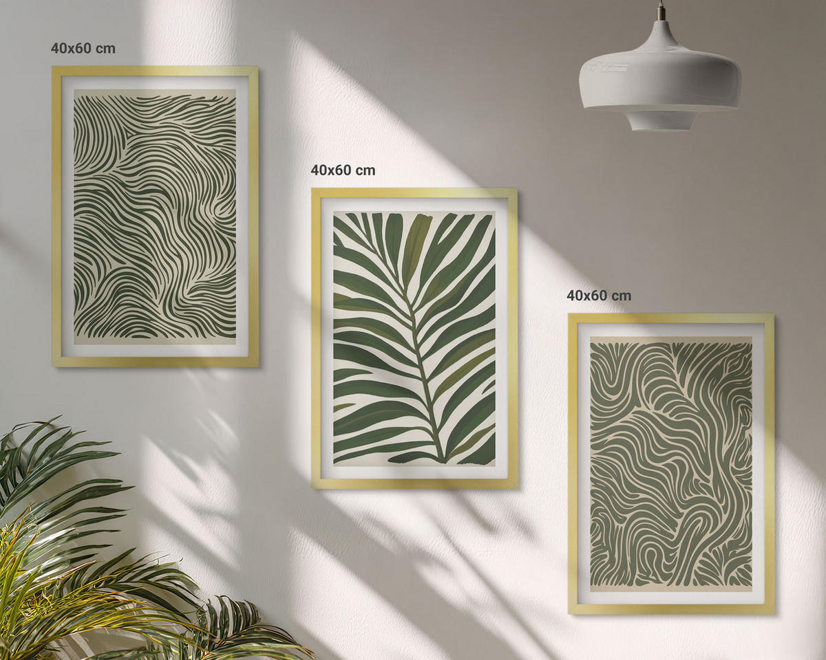 WANDBILDER 3er Set - 40x60 cm Goldrahmen - Blattmuster wellenförmige Formen - Goldfarben, Kunststoff (40/60cm) - ArtPrintCave