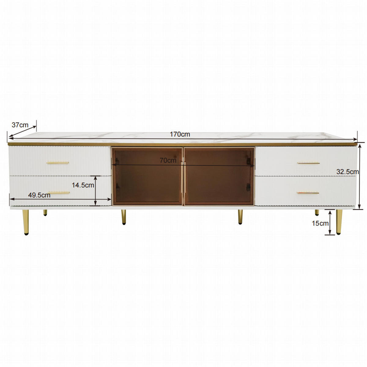 TV Lowboard LED, 4 Schubladen, 2 Glastüren, Weiß - Weiß, Holz (170/47/37cm)