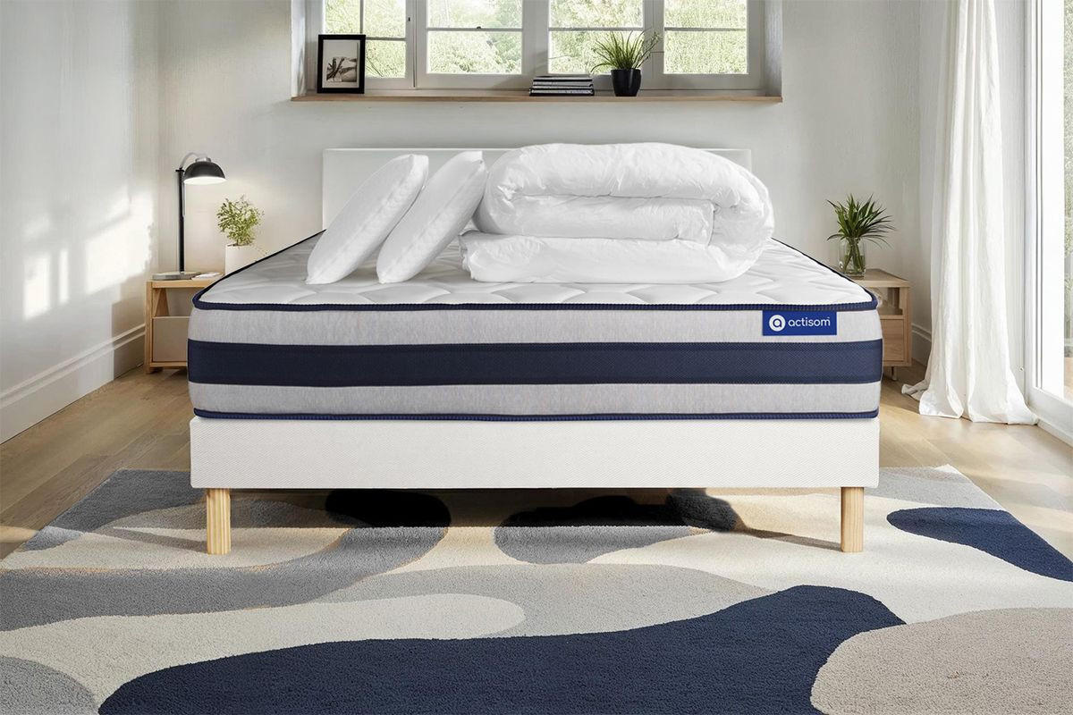 BETT Actimemo ergo Memory-Schaum 200 x 200 cm h3 - Kit Bettgestell Weiß - Mit Kissen und Bettdecke - Beige/Weiß, Karton/Holz (200/200cm) - ACTISOM