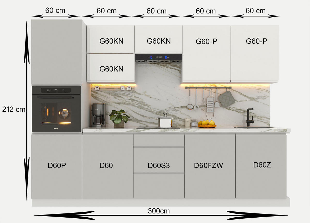 KÜCHENZEILE 300 cm Glanzia – KU-S01 – Grau / Weiß – Hochglanz - Grau, Holzwerkstoff (300/212/58cm) - hi-markt