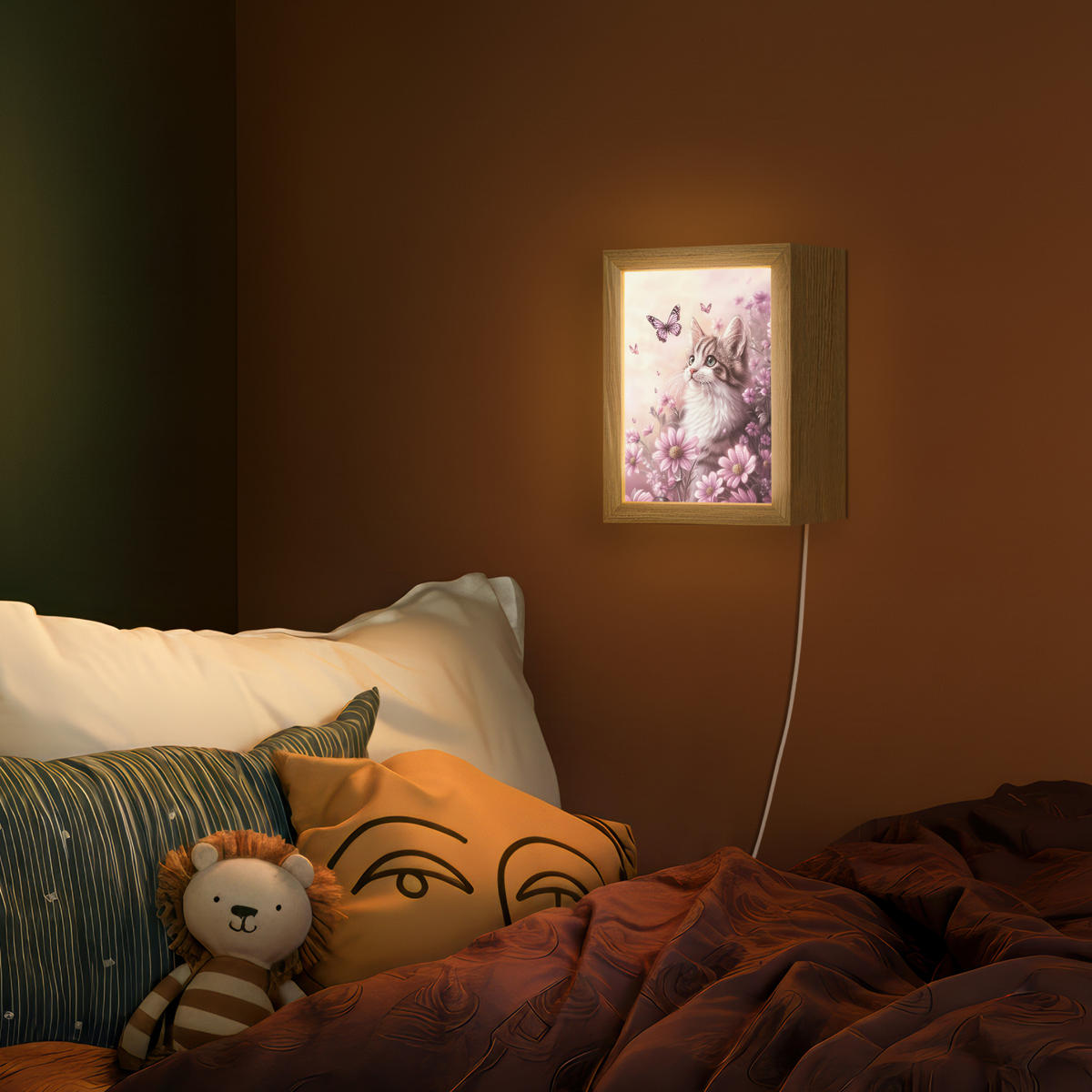 NÁSTĚNNÁ LAMPA Koťátko - Květiny - Motýli - Fialová 15x20 cm - starorůžová, kompozitní dřevo (15/20/8cm) - OnlyWow