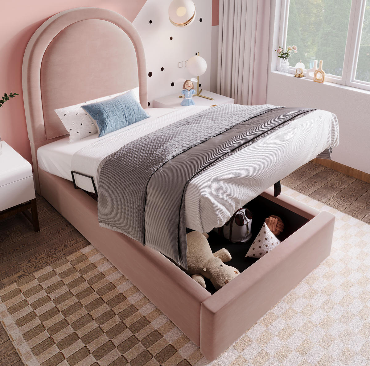 SAMT-POLSTERBETT 90/200 cm in Rosa mit Bettkasten, Kopfteil und Matratze - Rosa, Textil (90/200cm) - BEAOK