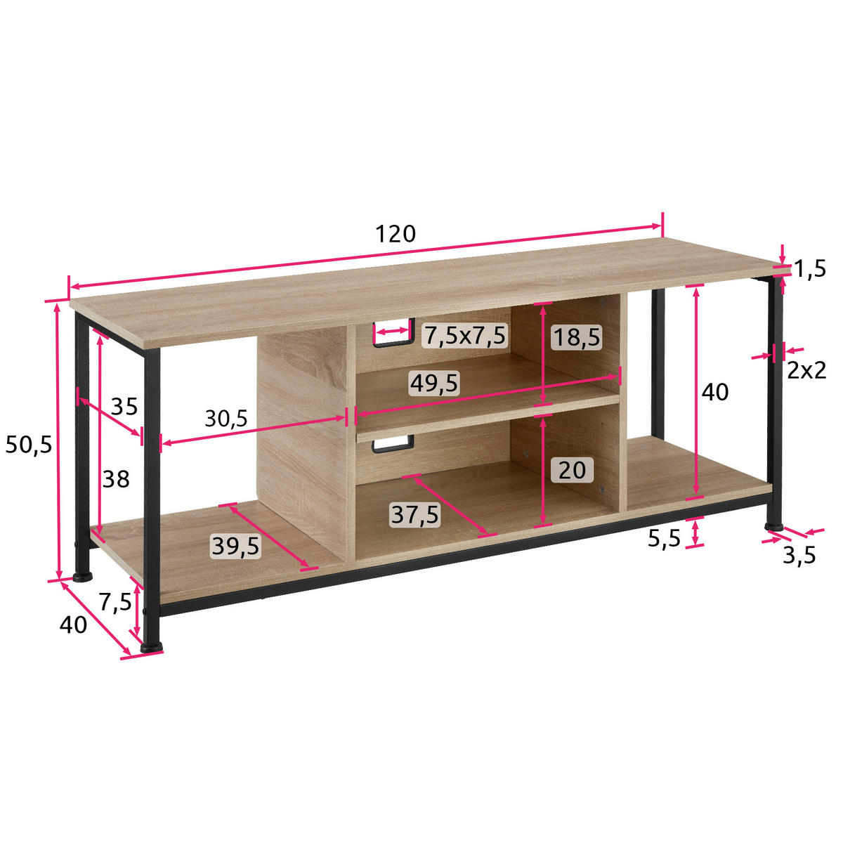TV-REGAL Denver,120 x 40 x 50,5 cm,Industrial Holz hell, Eiche Sonoma - Naturfarben, Holzwerkstoff (40/50.5/120cm) - tectake