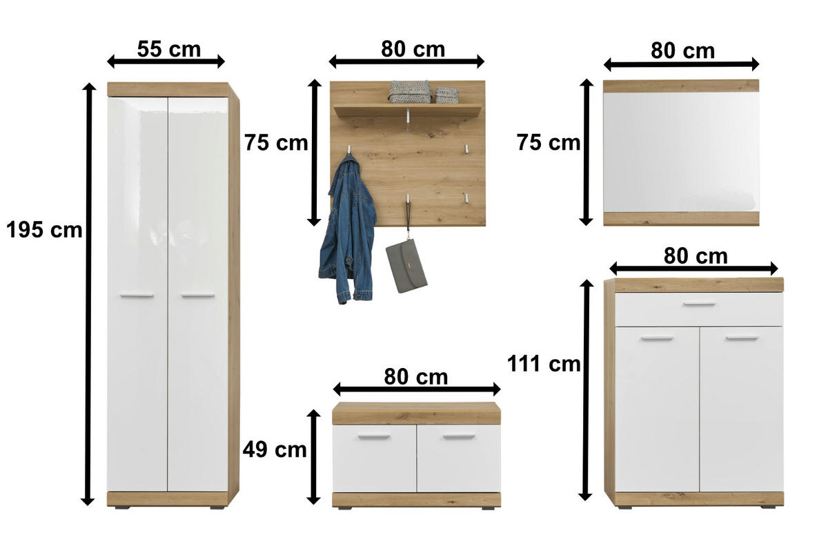 GARDEROBE 5-teilig in 255/195/38 cm - Weiß, Holz (255/195/38cm) - moebel dich auf